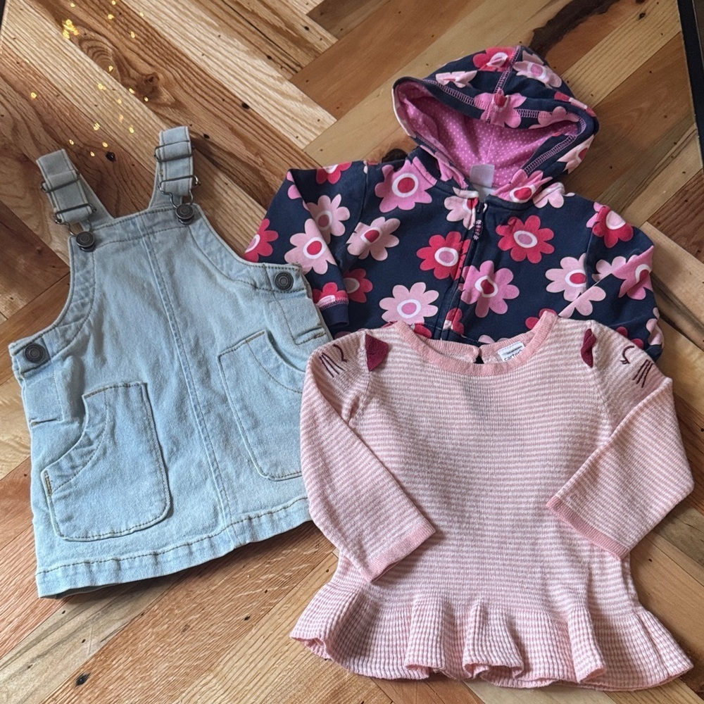 Floral Hoodie, Denim Overalls, and Pink Sweater Set